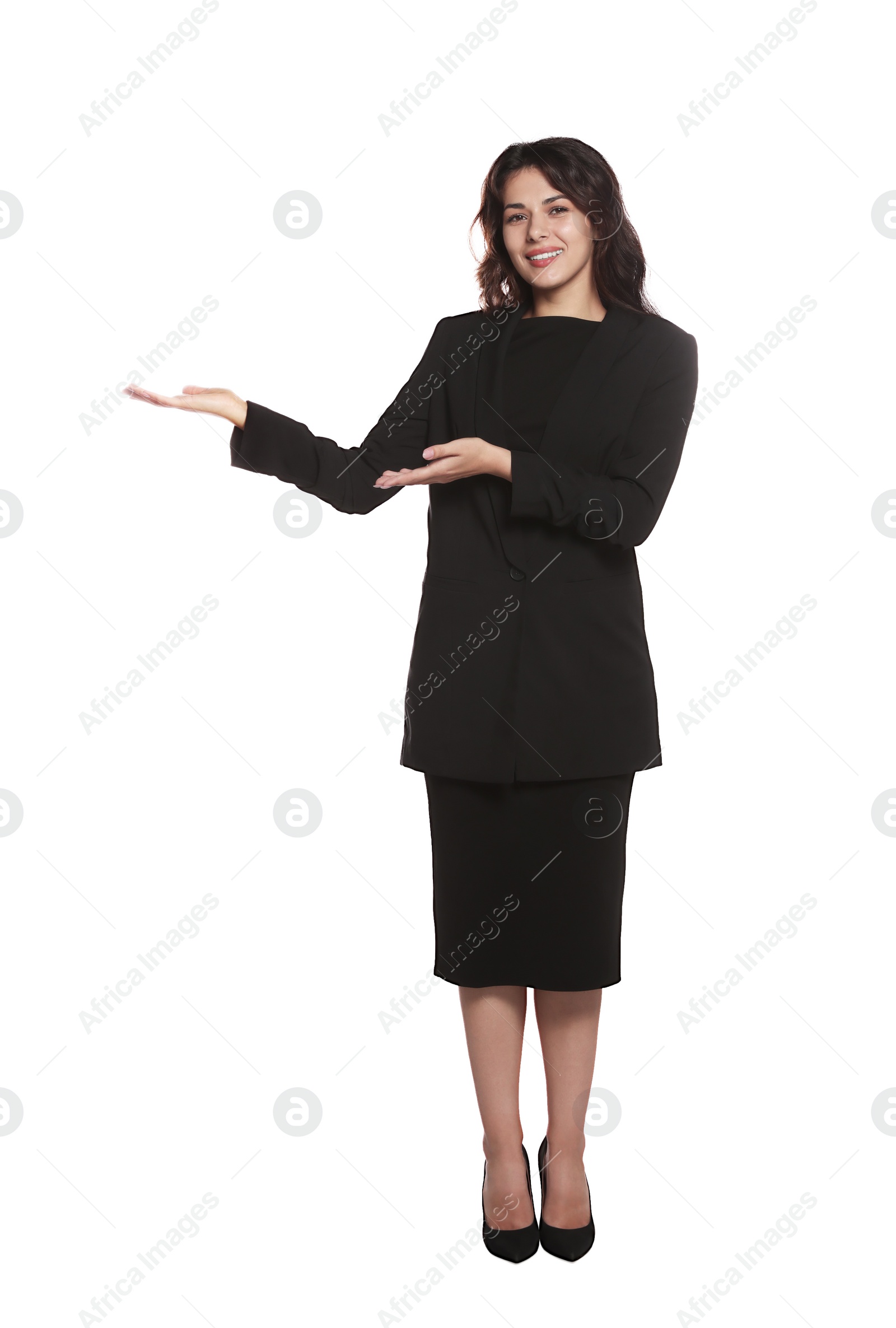 Photo of Full length portrait of hostess in uniform on white background