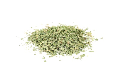 Photo of Heap of dried parsley on white background
