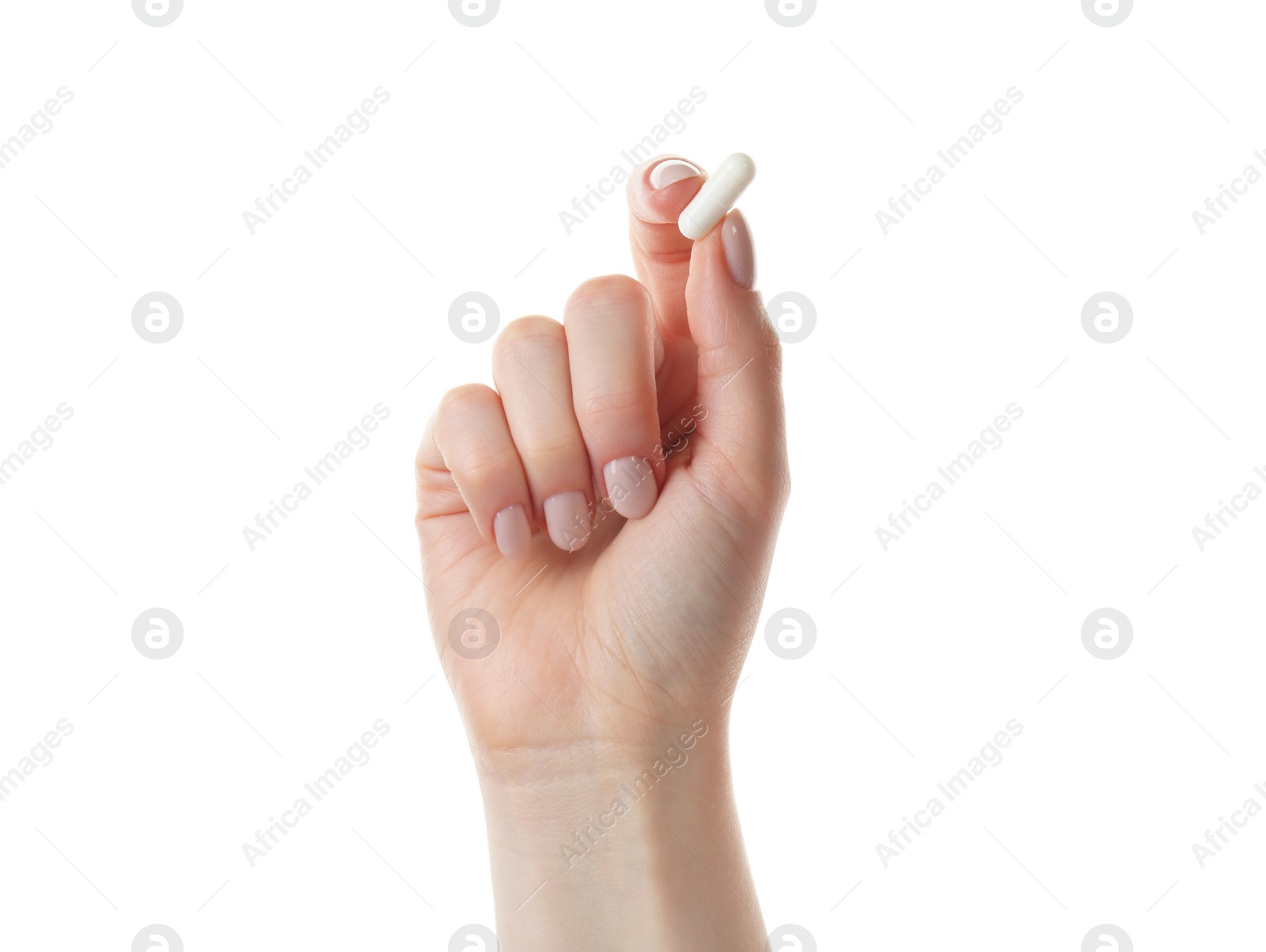 Photo of Woman holding vitamin capsule on white background, closeup. Health supplement