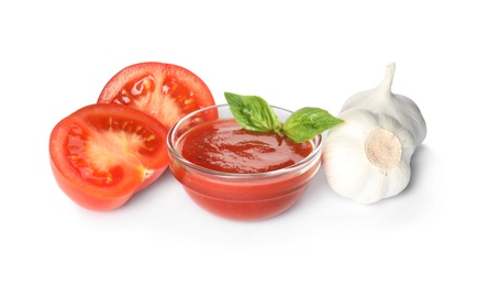 Photo of Composition with bowl of tomato sauce and vegetables isolated on white