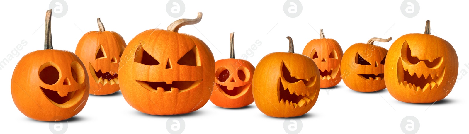 Image of Many pumpkins with carved spooky faces isolated on white, collection. Decoration for Halloween