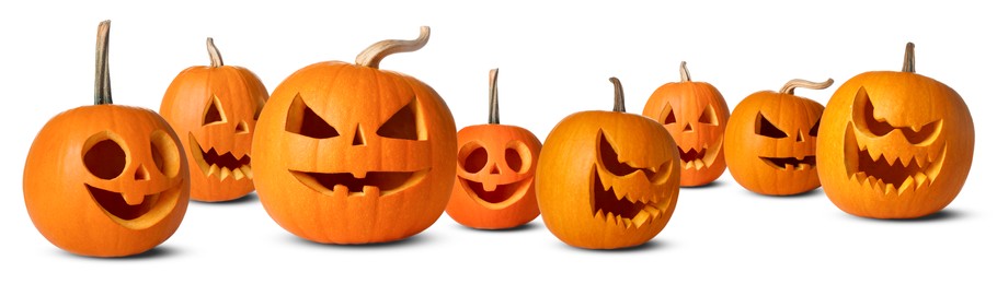 Many pumpkins with carved spooky faces isolated on white, collection. Decoration for Halloween