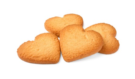 Photo of Tasty heart shaped Danish butter cookies isolated on white