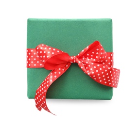 Photo of Christmas gift box decorated with red bow isolated on white, top view