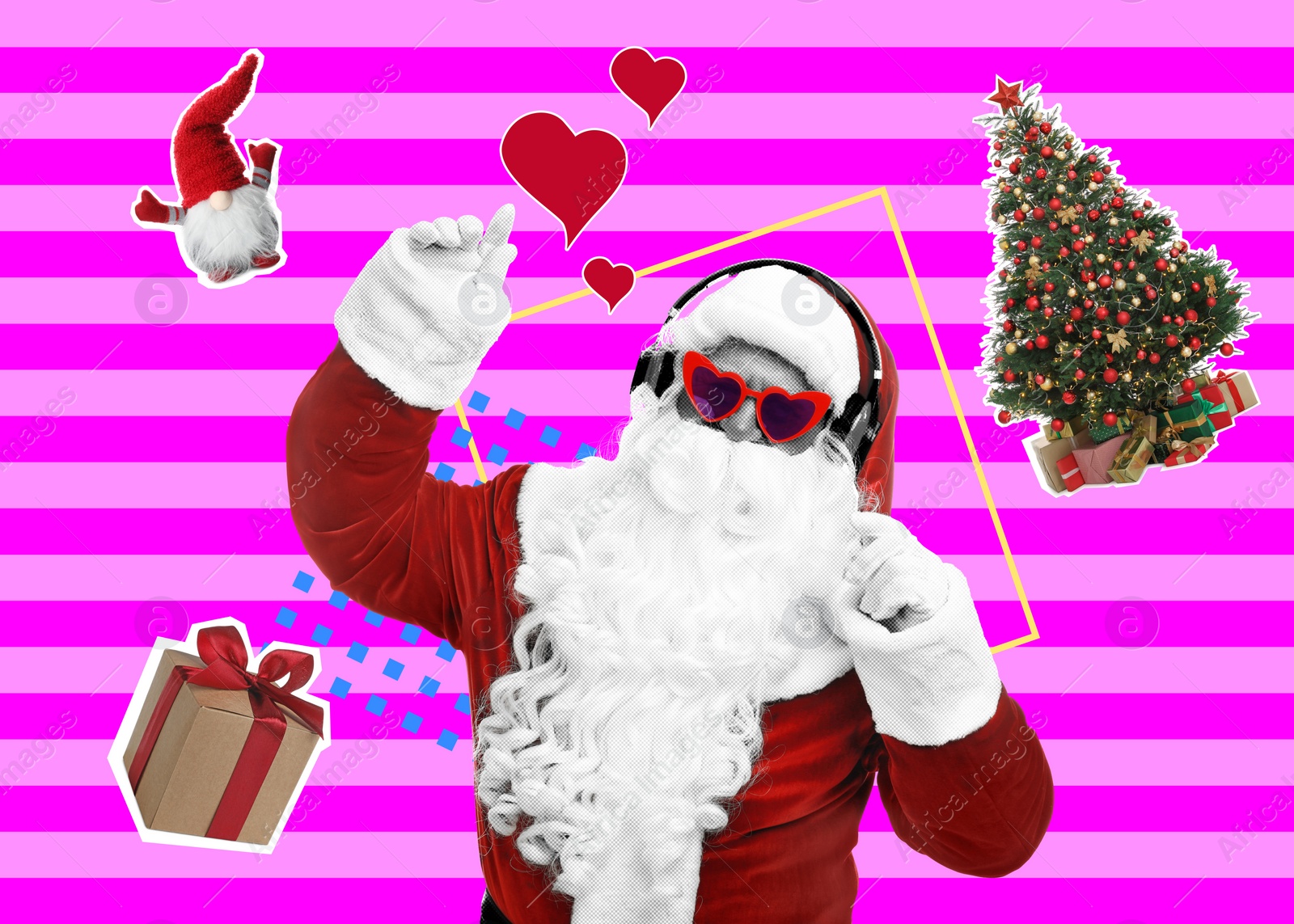 Image of Winter holidays bright artwork. Santa Claus listening to music via headphones, Christmas tree, gift boa and elf against color background, creative collage