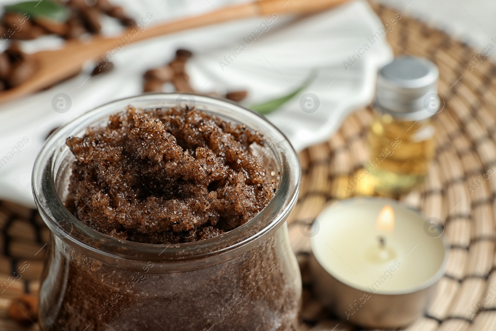 Photo of Glass jar of coffee scrub, closeup