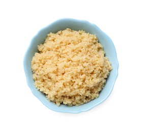 Tasty cooked quinoa in bowl isolated on white, top view