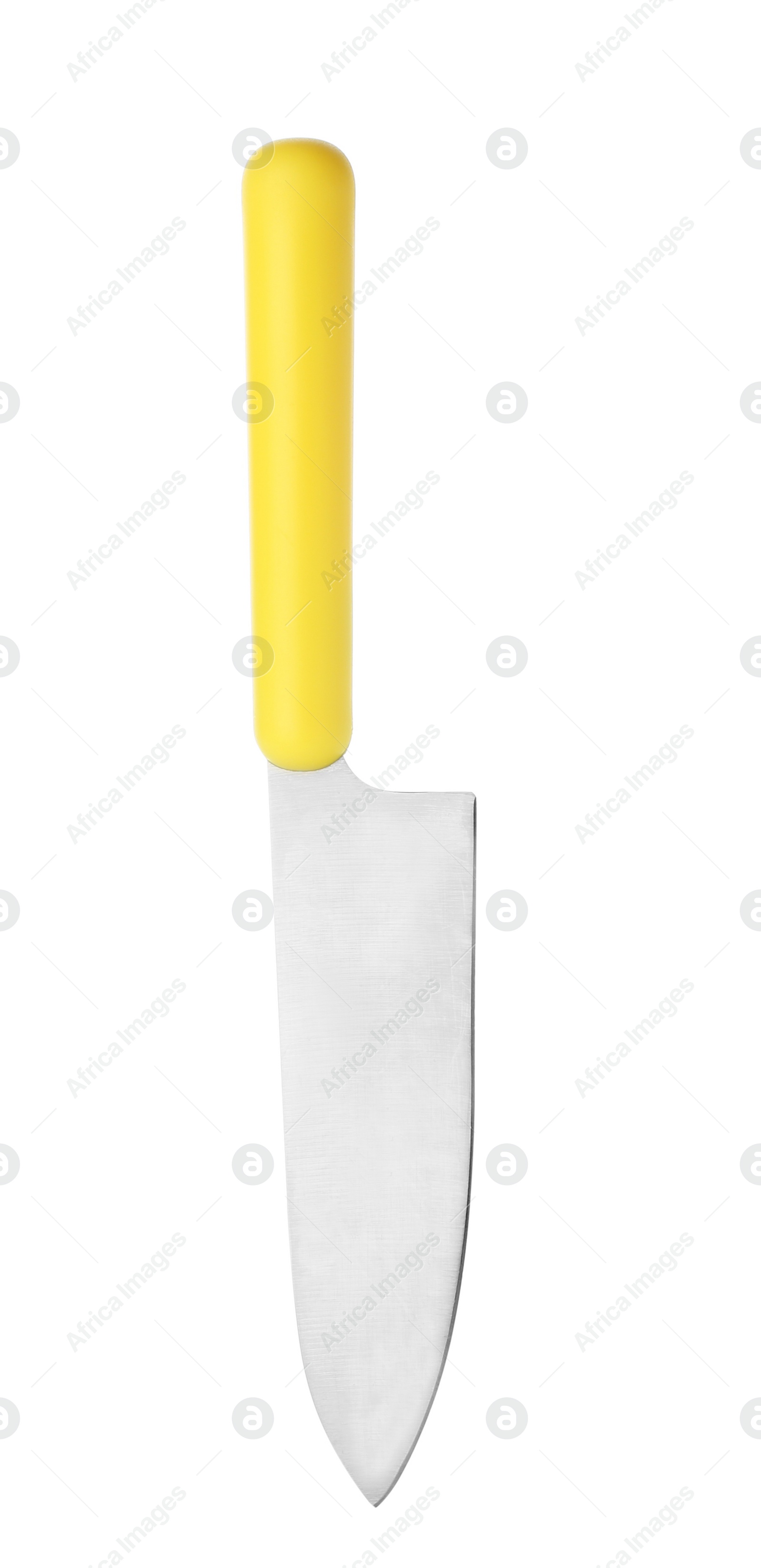 Photo of Sharp chef's knife with yellow handle on white background