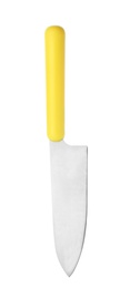 Photo of Sharp chef's knife with yellow handle on white background