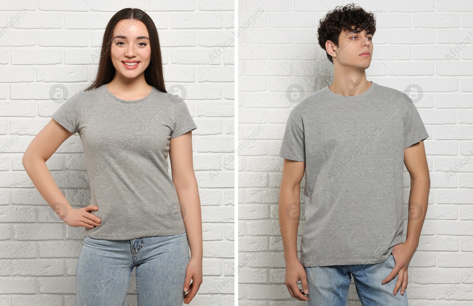 Image of People wearing grey t-shirts near white brick wall. Mockup for design