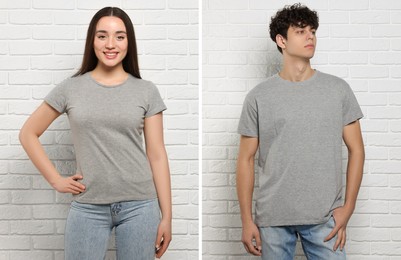 People wearing grey t-shirts near white brick wall. Mockup for design