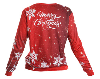 Warm sweater with text Merry Christmas and snowflakes on white background, back side