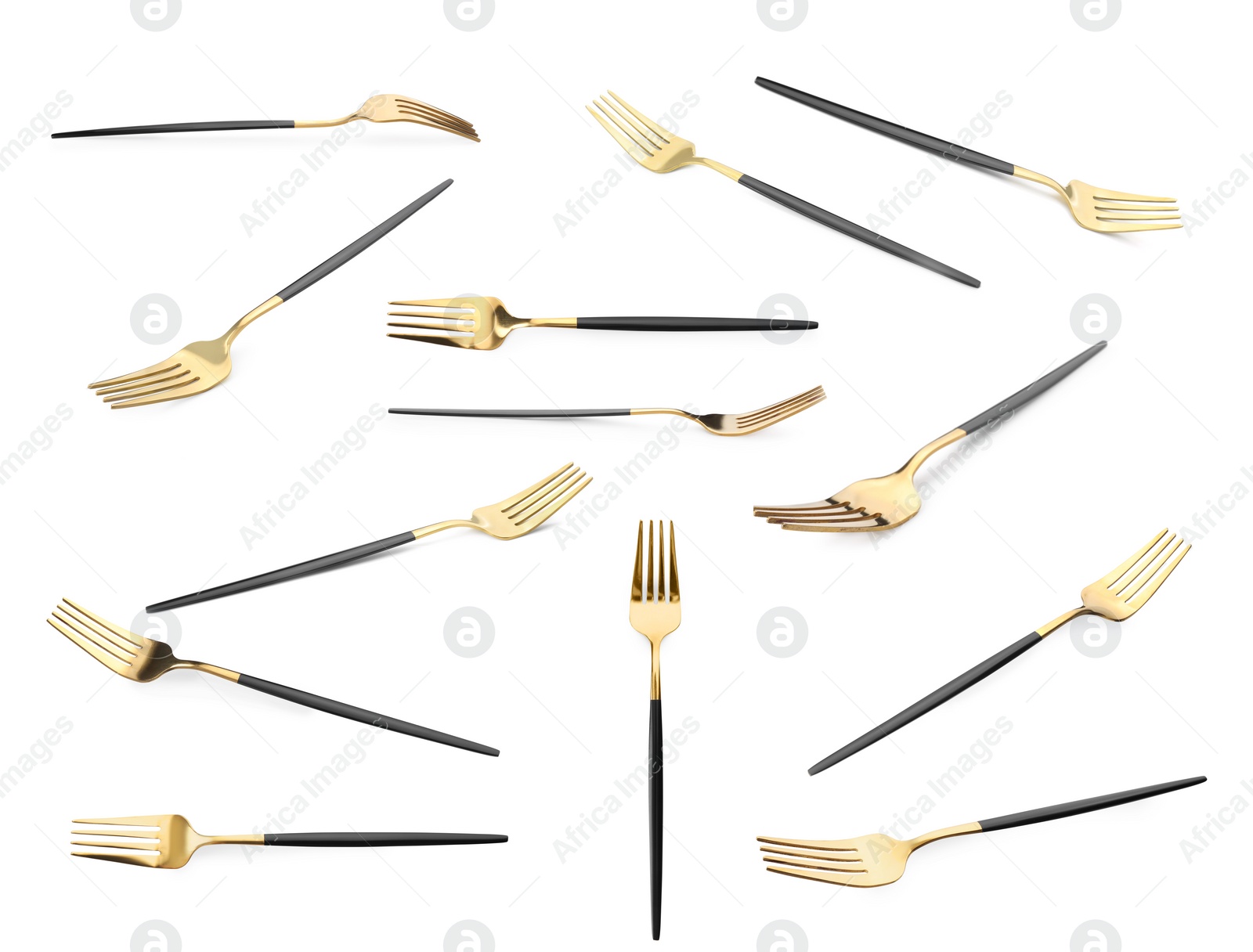 Image of Shiny golden forks isolated on white, set