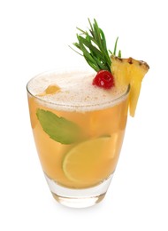 Photo of Glass of tasty pineapple cocktail with rosemary and cherry isolated on white