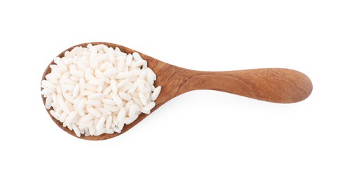 Photo of Spoon with raw rice isolated on white, top view