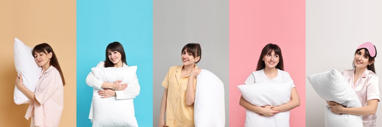 Image of Woman in pajamas on different color backgrounds, collage of photos