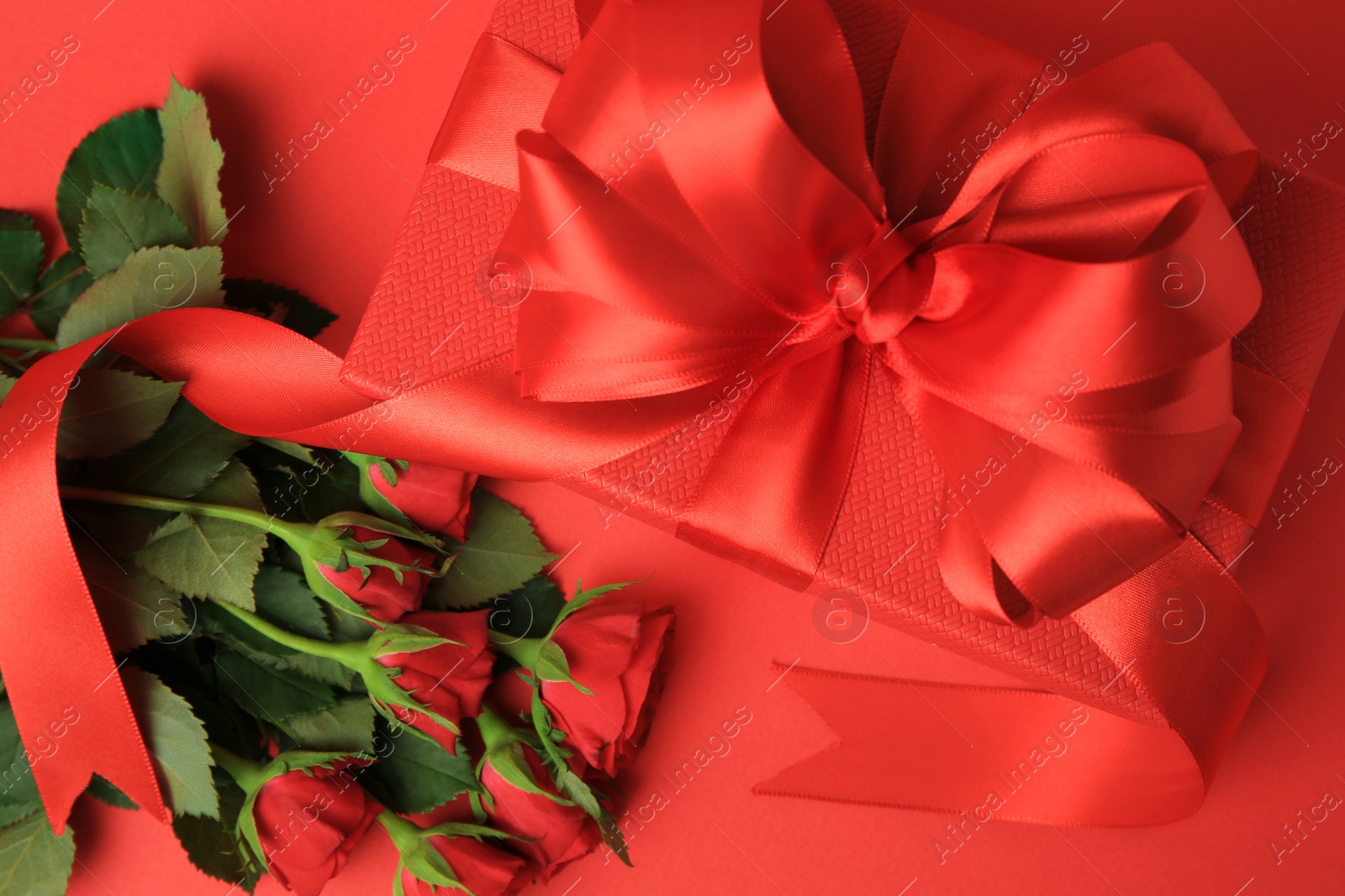 Photo of Beautiful gift box with bow and roses on red background, flat lay