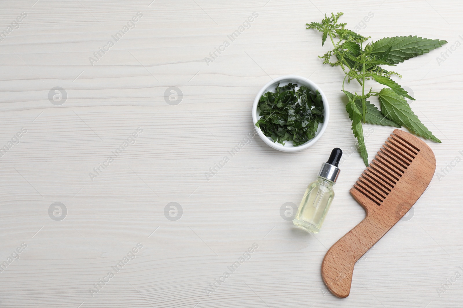 Photo of Stinging nettle, extract and comb on white wooden background, flat lay with space for text. Natural hair care