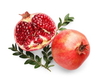 Whole and piece of fresh pomegranates with branches isolated on white, top view