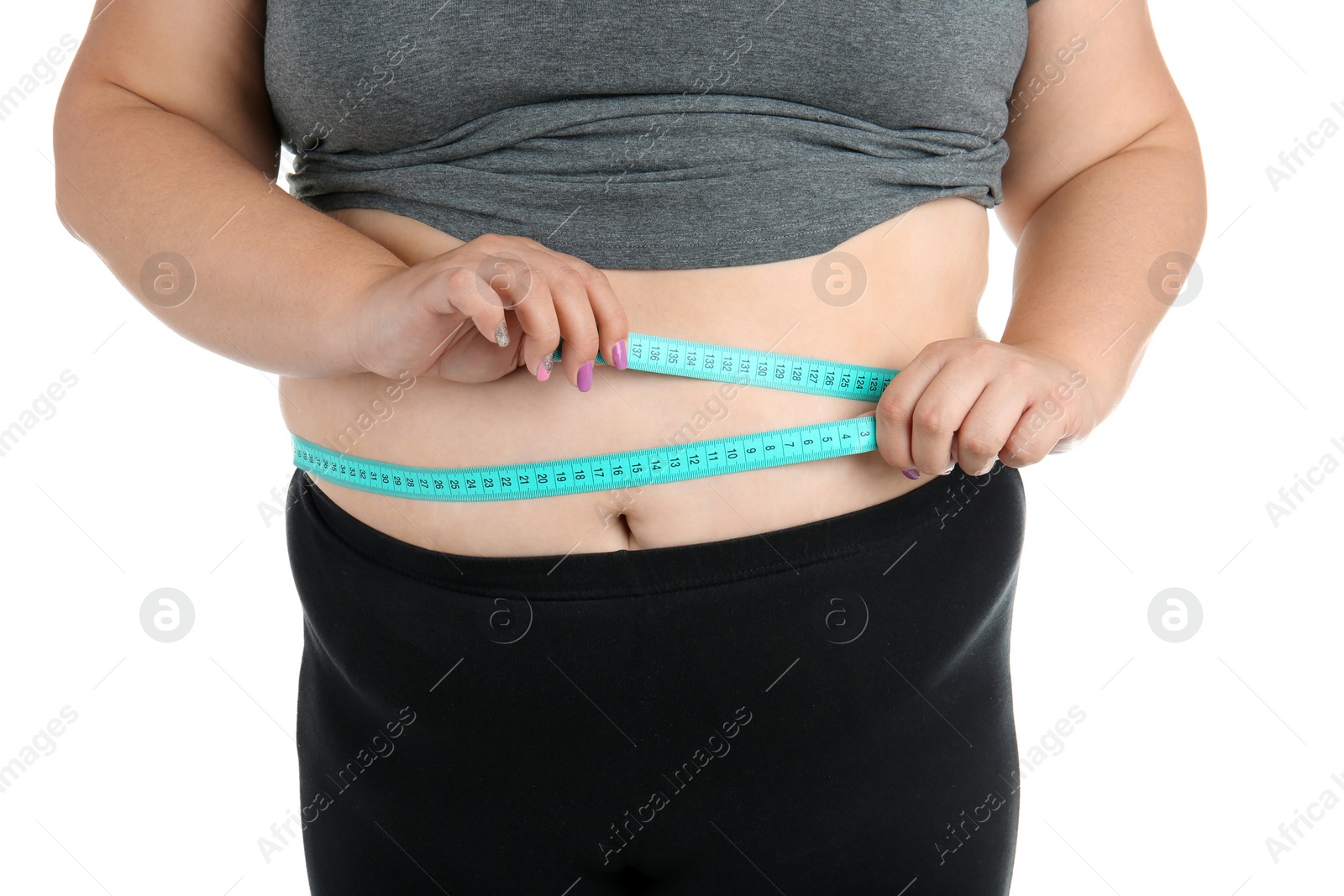 Photo of Overweight woman with measuring tape on white background, closeup