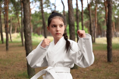 Photo of Cute little girl in kimono practicing karate in forest