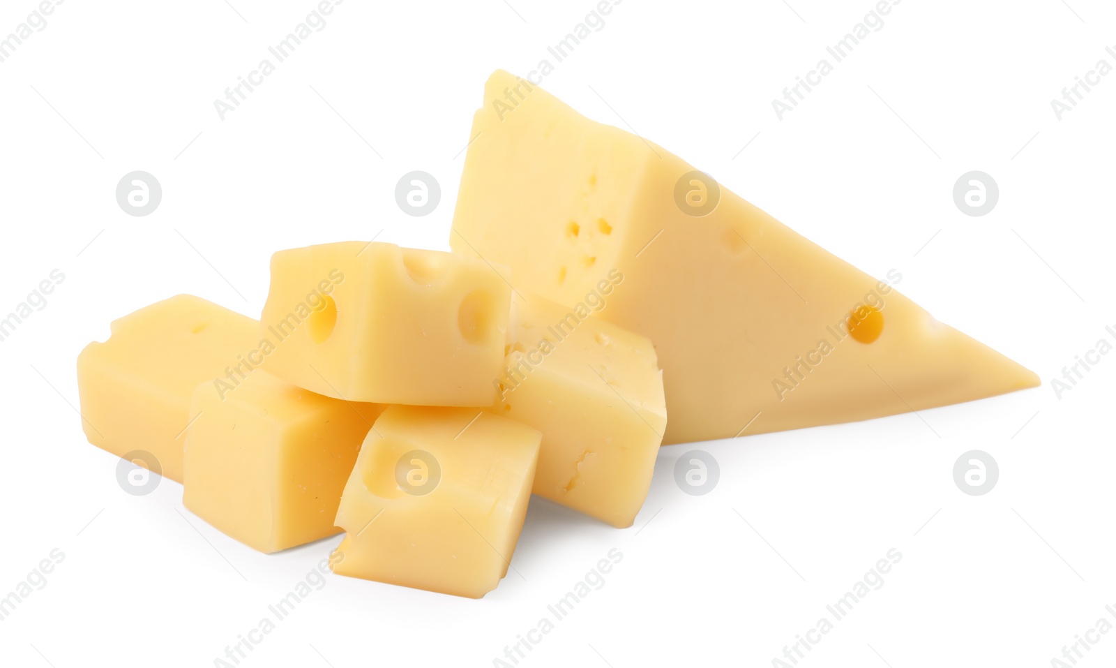 Photo of Cut fresh delicious cheese isolated on white