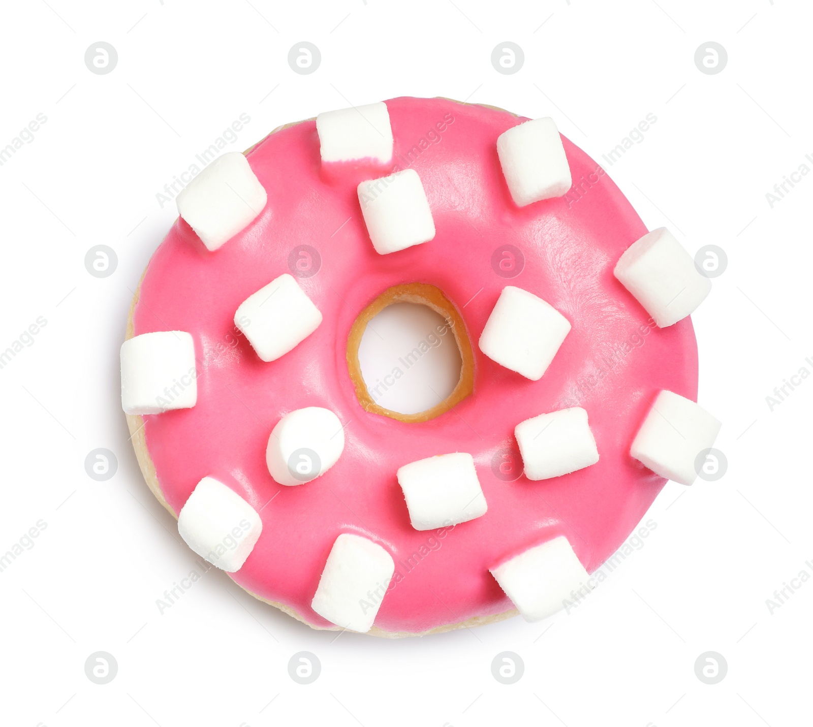 Photo of Sweet delicious glazed donut decorated with marshmallow on white background, top view