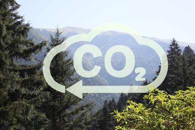 Image of Concept of clear air. CO2 inscription in illustration of cloud with arrow and beautiful mountain landscape