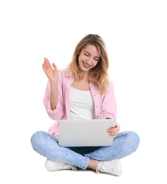 Photo of Woman using laptop for video chat isolated on white