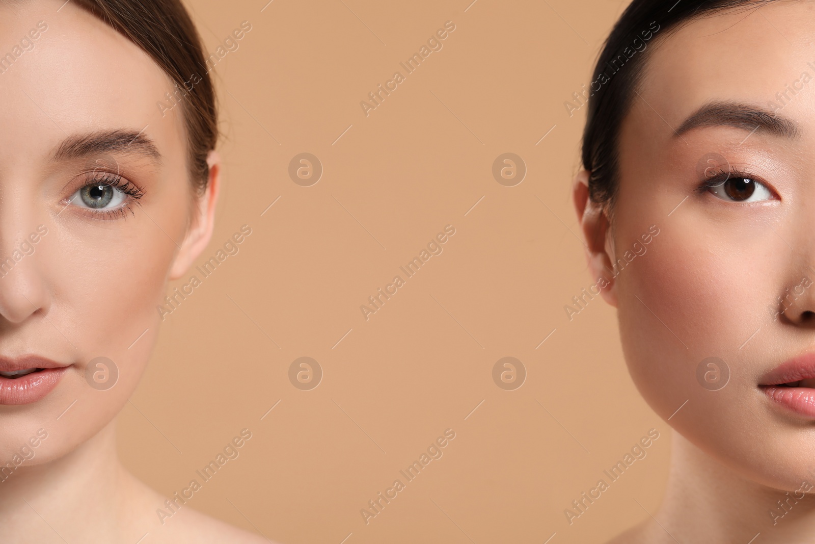 Photo of Beautiful young women with healthy skin on beige background, closeup. Space for text