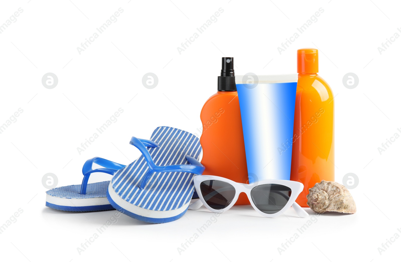 Photo of Composition with sun protection products on white background. Body care