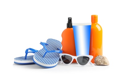 Photo of Composition with sun protection products on white background. Body care