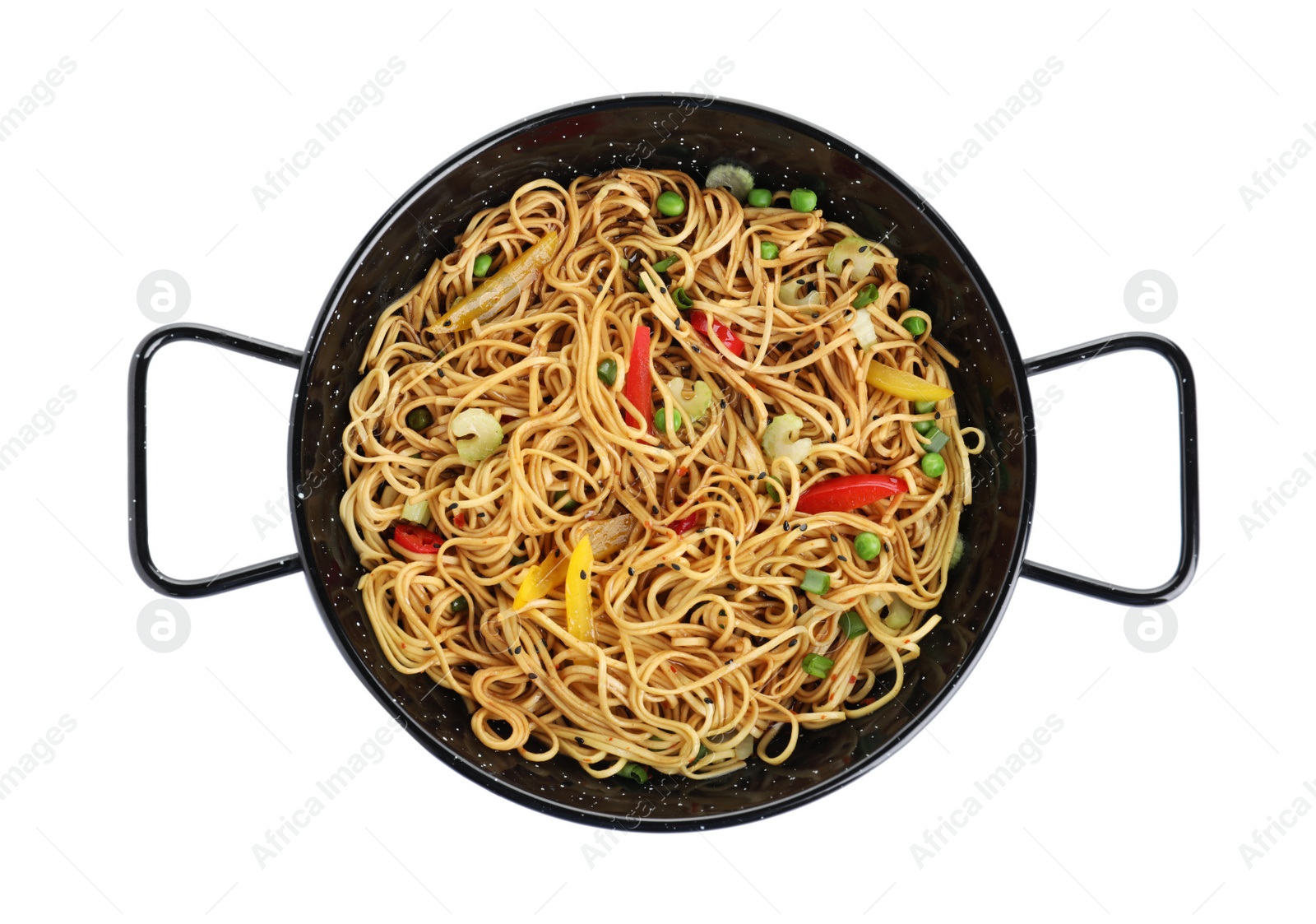 Photo of Cooked noodles with vegetables isolated on white, top view