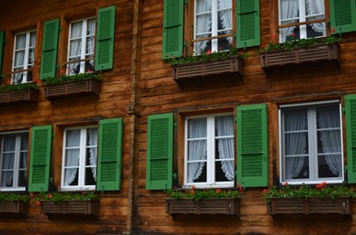 Photo of Exterior of building with beautiful flowers growing in holders under windows