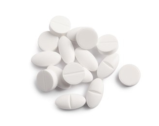 Many pills isolated on white, top view