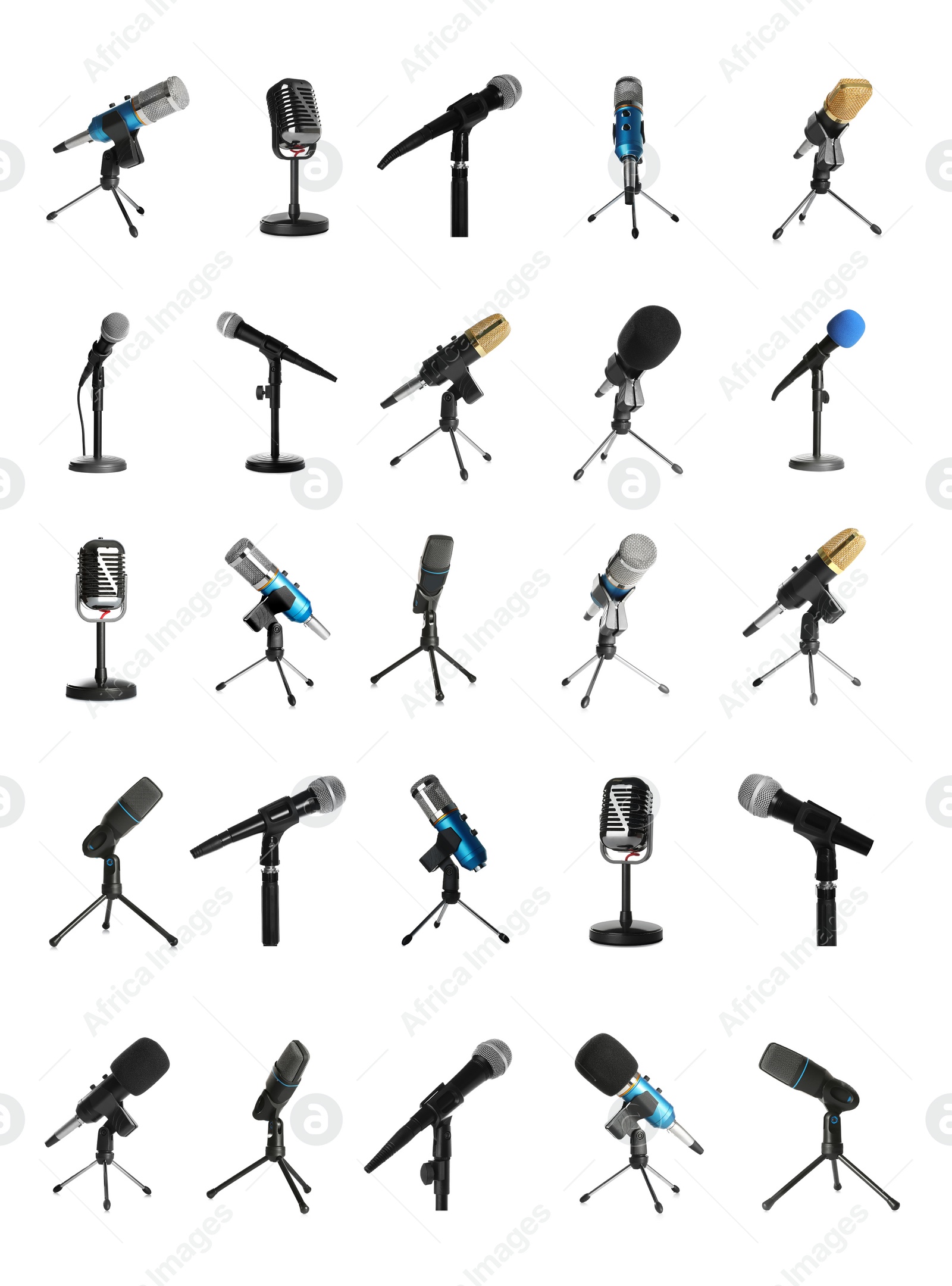 Image of Set of different microphones on white background