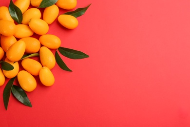 Photo of Fresh ripe kumquats with green leaves on red background, flat lay. Space for text