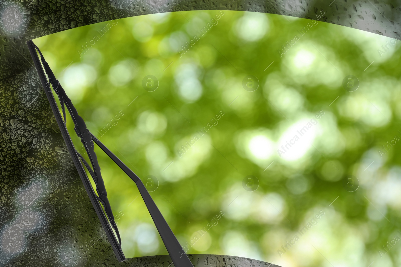 Image of Car windshield wiper cleaning water drops from glass