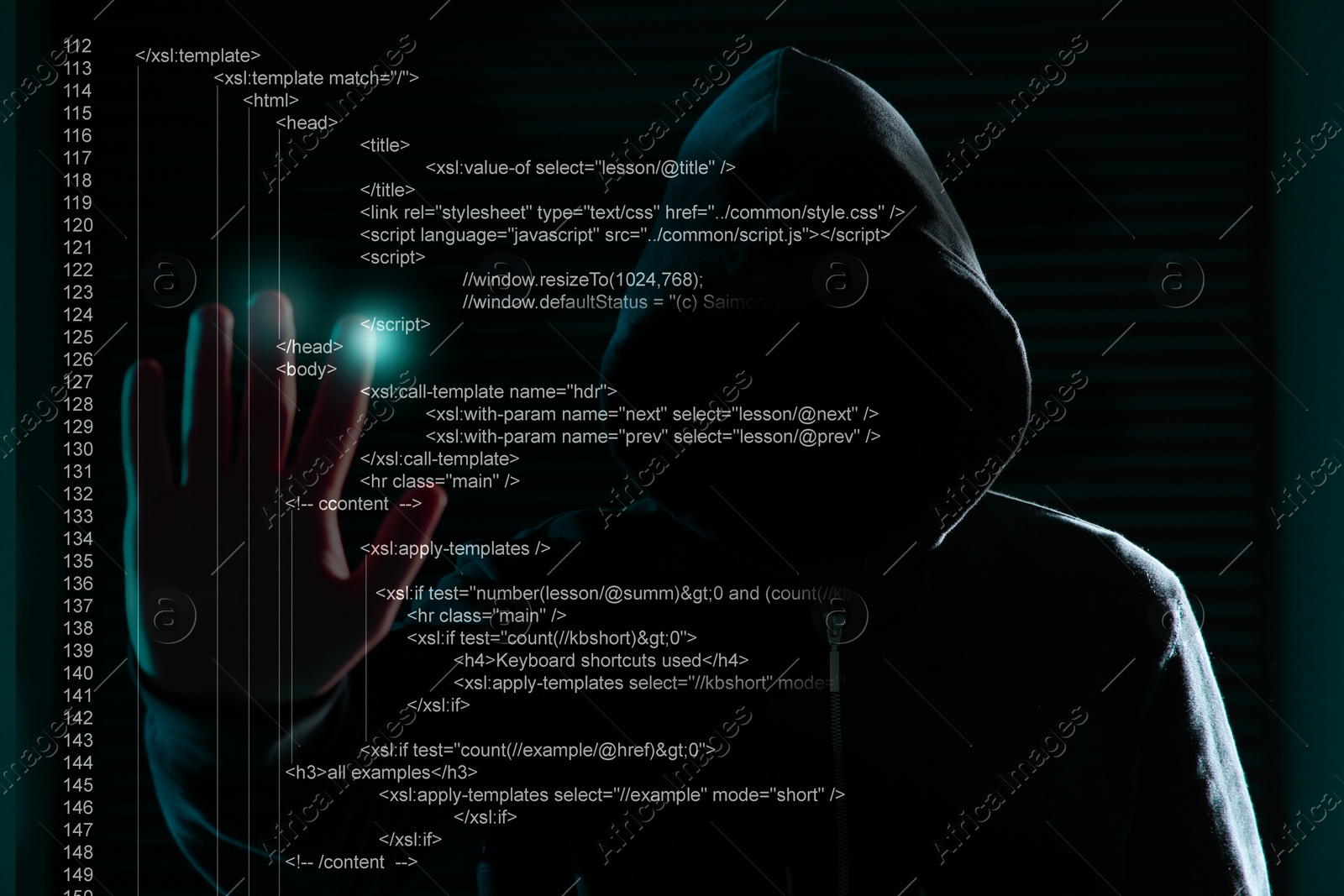 Image of Hacker using digital code on virtual screen in darkness. Cyber crime concept