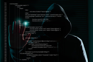 Image of Hacker using digital code on virtual screen in darkness. Cyber crime concept