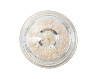 Photo of Uncooked rice in glass jar isolated on white, top view