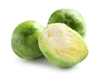 Photo of Fresh tasty Brussels sprouts on white background