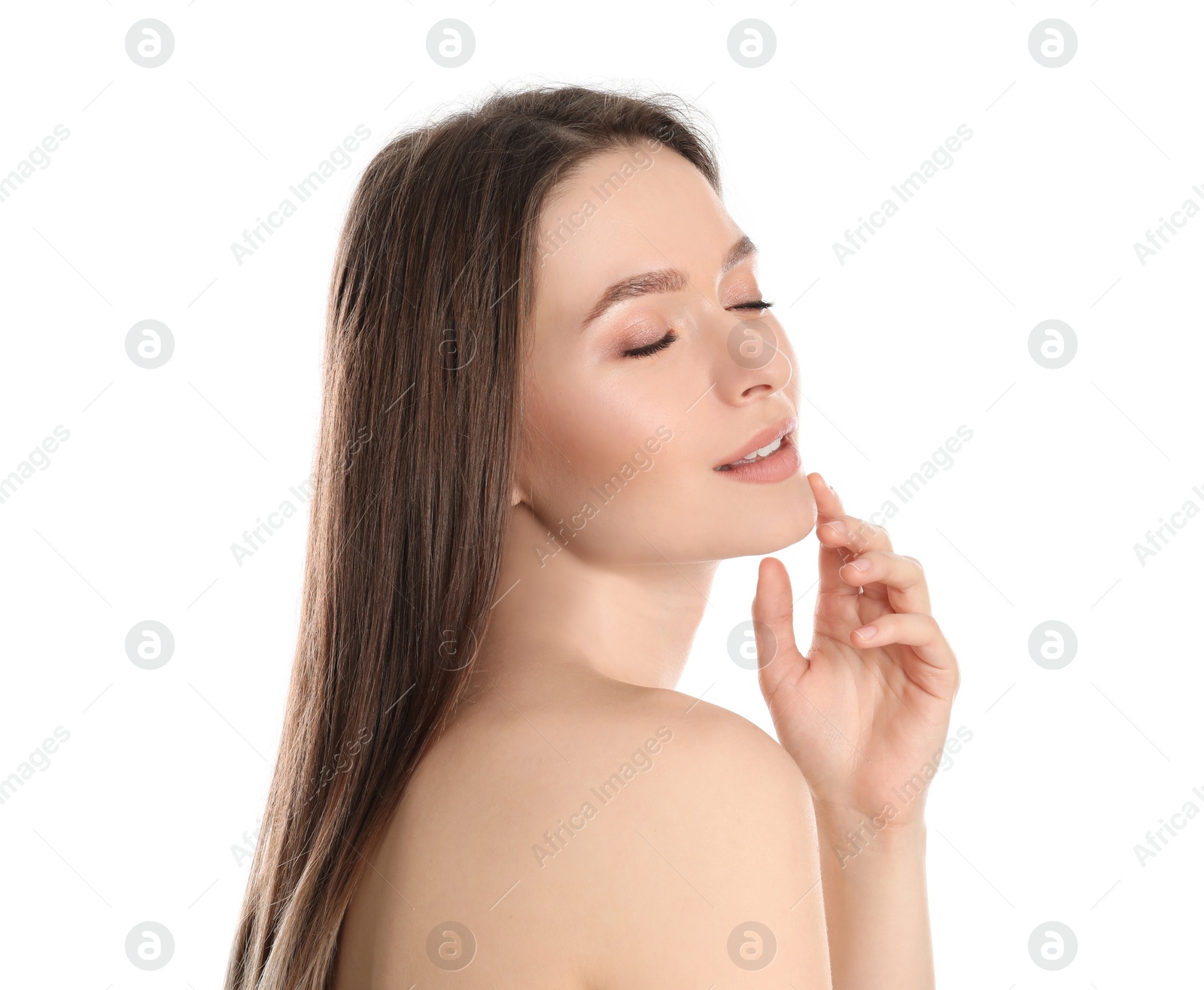 Photo of Portrait of young woman with beautiful face on white background