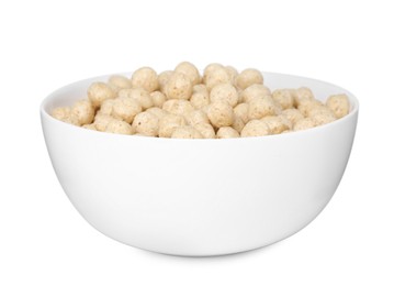 Photo of Tasty sweet cereal balls in bowl isolated on white