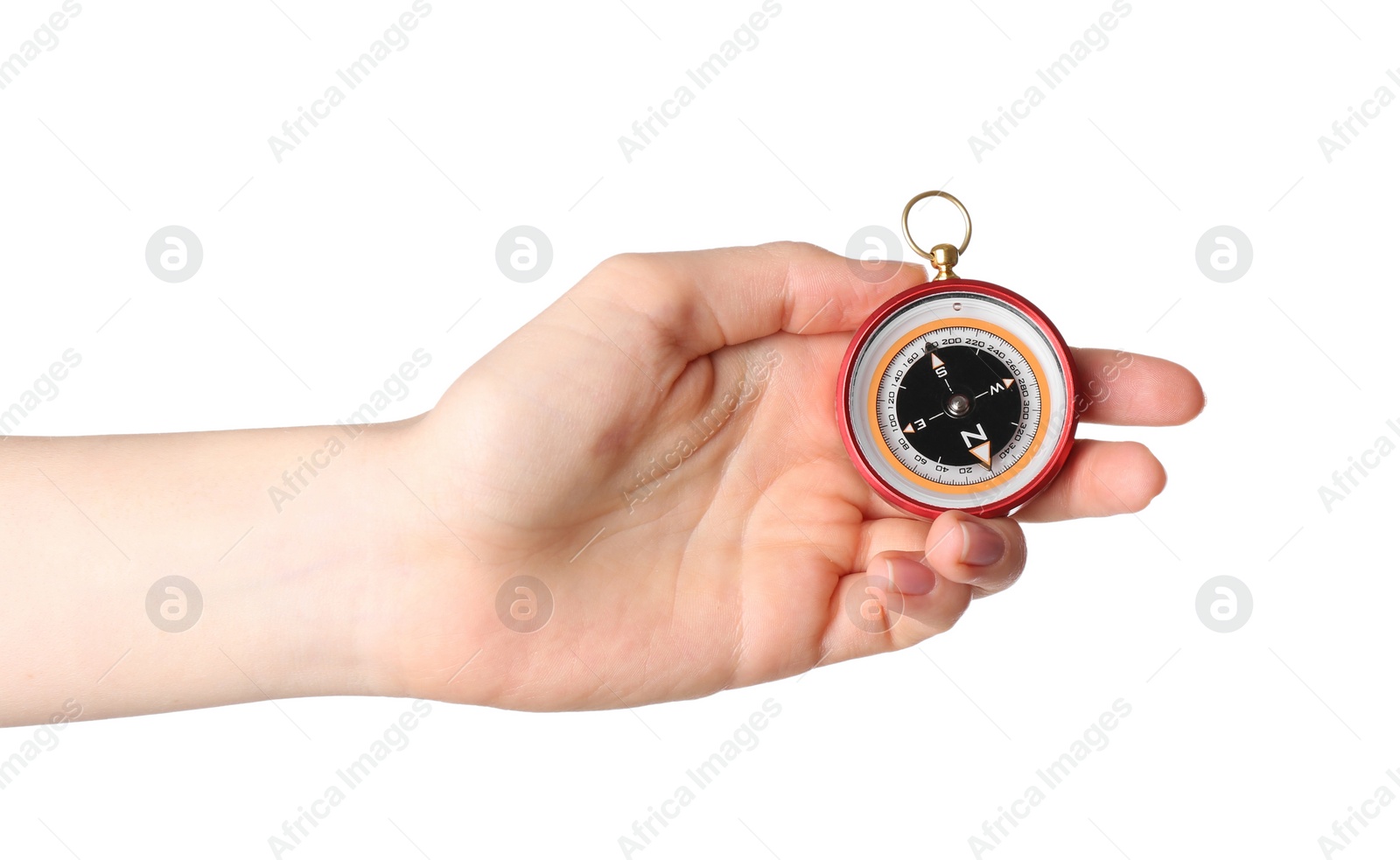 Photo of Woman holding compass on white background, closeup