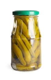 Photo of Glass jar with pickled peppers isolated on white