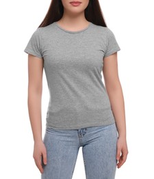 Woman wearing stylish gray T-shirt on white background, closeup