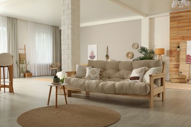 Spacious room interior with stylish wooden furniture. Idea for design