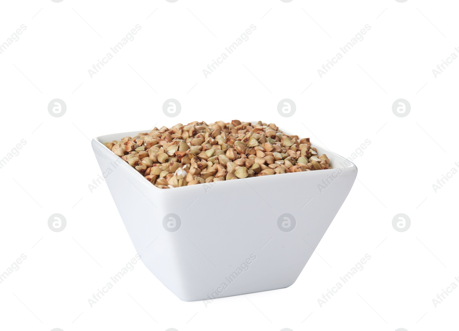 Photo of Organic green buckwheat in bowl isolated on white