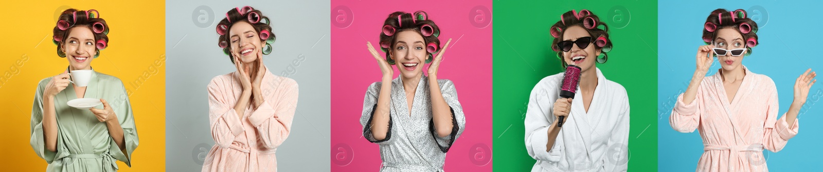 Image of Collage with photos of beautiful young woman wearing bathrobe with hair curlers on different color backgrounds. Banner design